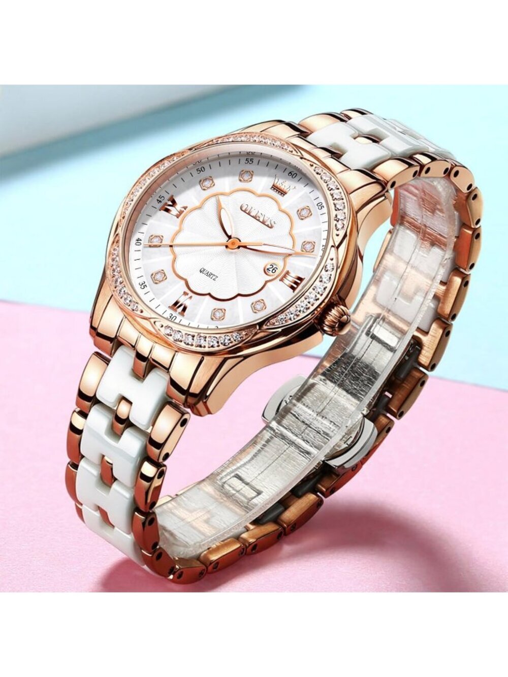 Womens Rose Gold Analog Quartz Ceramic Reloj Mujer Shinning Diamond Luxury Watch - Picture 7 of 7